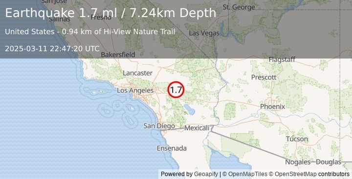 Earthquake 4 km SSE of Yucca Valley, CA (1.7 ml) (2025-03-11 22:47:20 UTC)