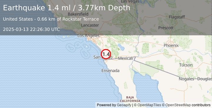 Earthquake 5 km NNW of Lakeside, CA (1.4 ml) (2025-03-13 22:26:30 UTC)