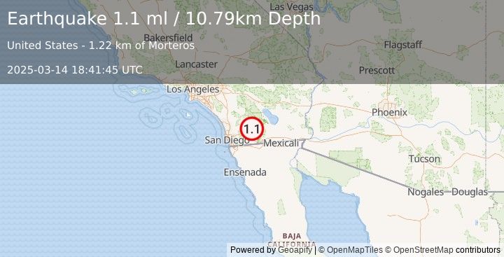 Earthquake 21 km ESE of Julian, CA (1.1 ml) (2025-03-14 18:41:45 UTC)