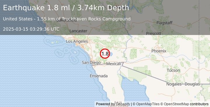 Earthquake 15 km N of Ocotillo Wells, CA (1.8 ml) (2025-03-15 03:29:36 UTC)