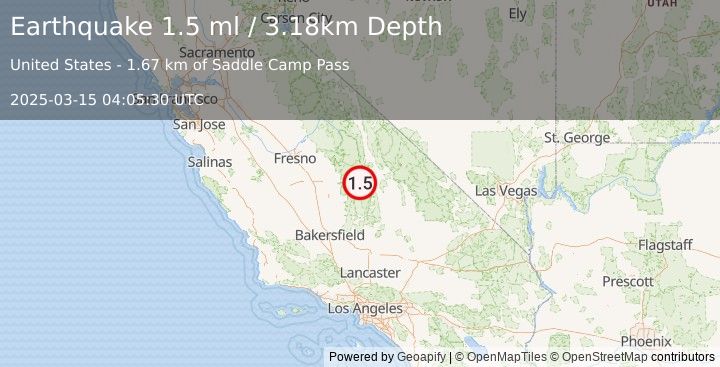 Earthquake 31 km W of Olancha, CA (1.5 ml) (2025-03-15 04:05:30 UTC)