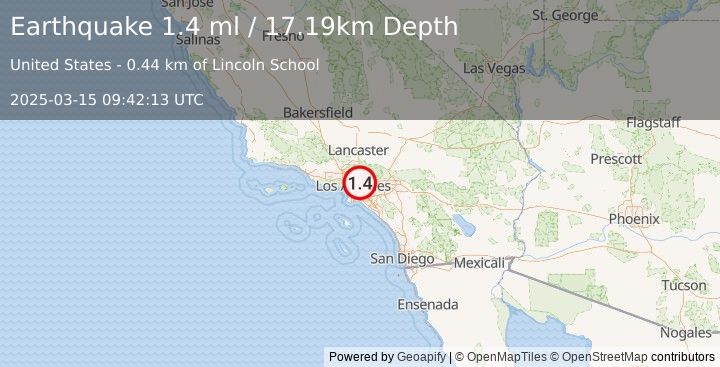 Earthquake 2 km SE of San Gabriel, CA (1.4 ml) (2025-03-15 09:42:13 UTC)