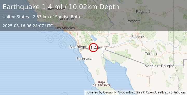 Earthquake 18 km ESE of Ocotillo, CA (1.4 ml) (2025-03-16 06:28:07 UTC)