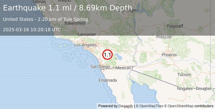 Earthquake 12 km SSE of Anza, CA (1.1 ml) (2025-03-16 10:20:18 UTC)