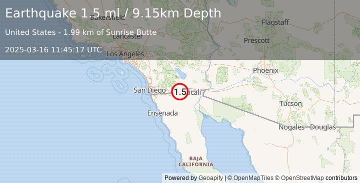 Earthquake 17 km ESE of Ocotillo, CA (1.5 ml) (2025-03-16 11:45:17 UTC)