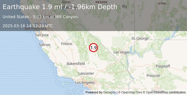 Earthquake 36 km WSW of Stovepipe Wells, CA (1.9 ml) (2025-03-16 14:52:23 UTC)