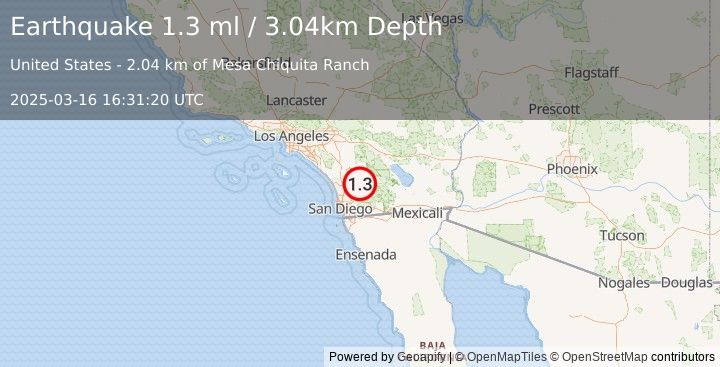 Earthquake 8 km SSE of Lake Henshaw, CA (1.3 ml) (2025-03-16 16:31:20 UTC)