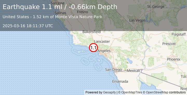 Earthquake 3 km ESE of Moorpark, CA (1.1 ml) (2025-03-16 18:11:37 UTC)