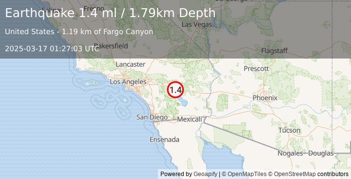 Earthquake 10 km NE of Coachella, CA (1.4 ml) (2025-03-17 01:27:03 UTC)