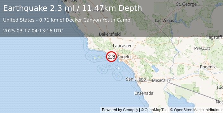 Earthquake 10 km NW of Malibu, CA (2.3 ml) (2025-03-17 04:13:16 UTC)