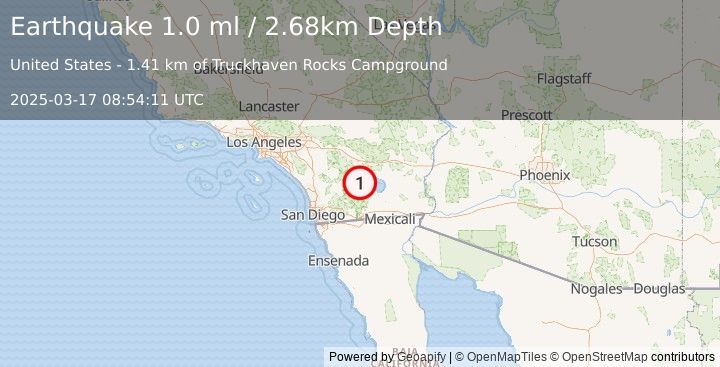 Earthquake 16 km N of Ocotillo Wells, CA (1.0 ml) (2025-03-17 08:54:11 UTC)