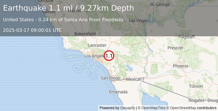 Earthquake 3 km NNW of Loma Linda, CA (1.1 ml) (2025-03-17 09:00:01 UTC)