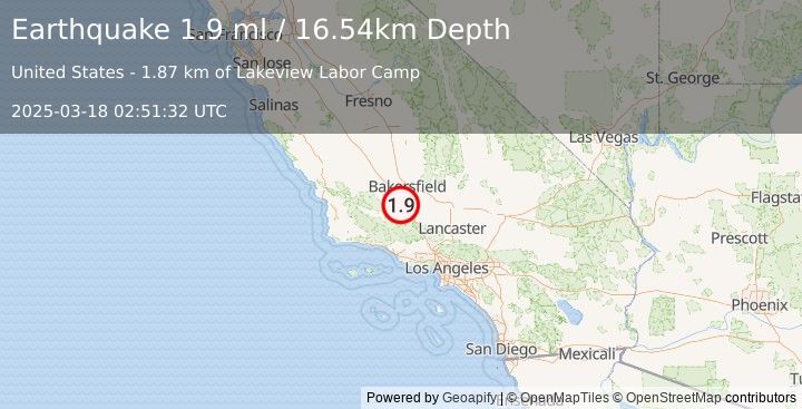 Earthquake 24 km E of Maricopa, CA (1.9 ml) (2025-03-18 02:51:32 UTC)