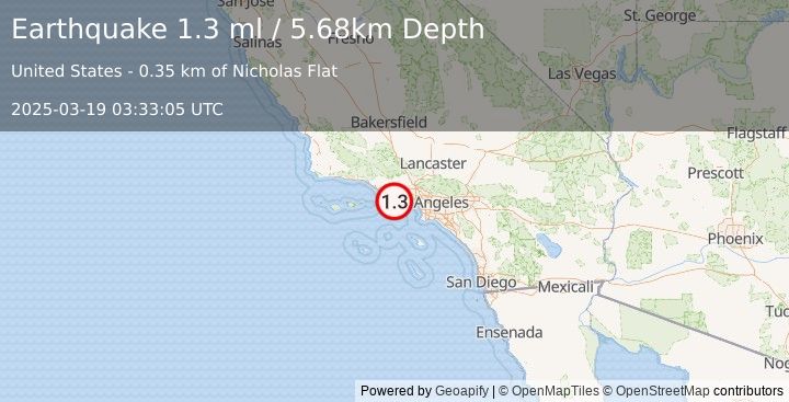Earthquake 11 km NW of Malibu, CA (1.3 ml) (2025-03-19 03:33:05 UTC)