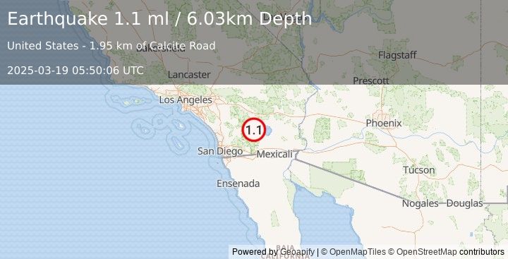 Earthquake 15 km N of Ocotillo Wells, CA (1.1 ml) (2025-03-19 05:50:06 UTC)