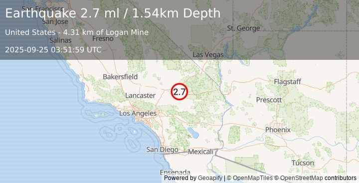 Earthquake 26 km WNW of Ludlow, CA (2.7 ml) (2025-09-25 03:51:59 UTC)