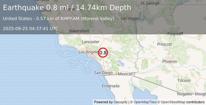 Earthquake 5 km S of Redlands, CA (0.8 ml) (2025-09-25 04:37:41 UTC)