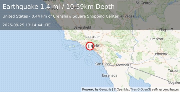 Earthquake 3 km NNE of View Park-Windsor Hills, CA (1.4 ml) (2025-09-25 13:14:44 UTC)