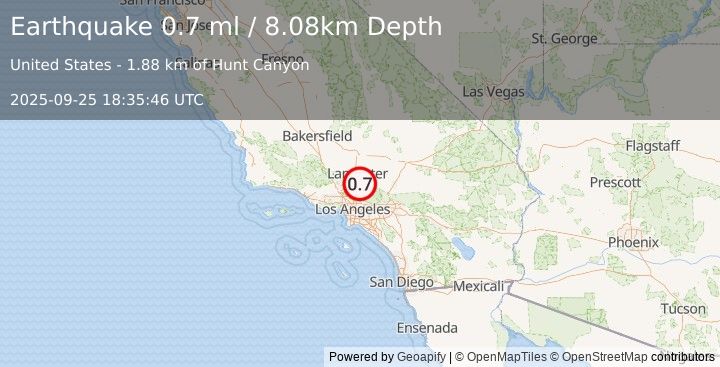 Earthquake 4 km ENE of Vincent, CA (0.7 ml) (2025-09-25 18:35:46 UTC)