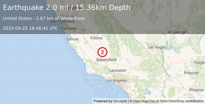 Earthquake 12 km NNW of Delano, CA (2.0 ml) (2025-09-25 18:46:41 UTC)