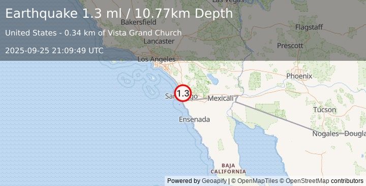 Earthquake 7 km NW of La Mesa, CA (1.1 ml) (2025-09-25 21:09:50 UTC)