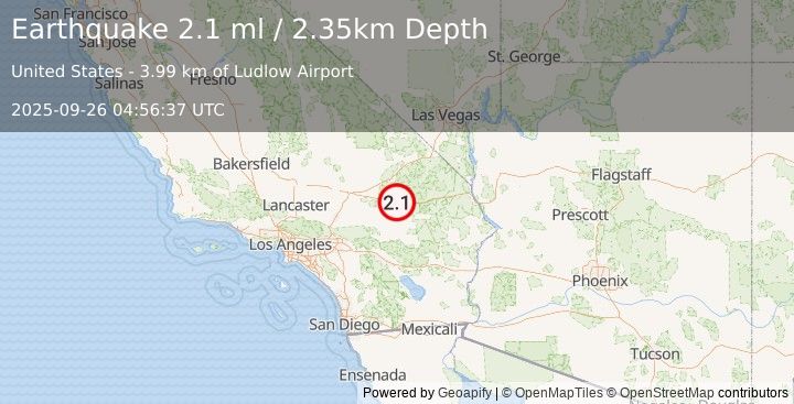 Earthquake 5 km ENE of Ludlow, CA (2.1 ml) (2025-09-26 04:56:37 UTC)