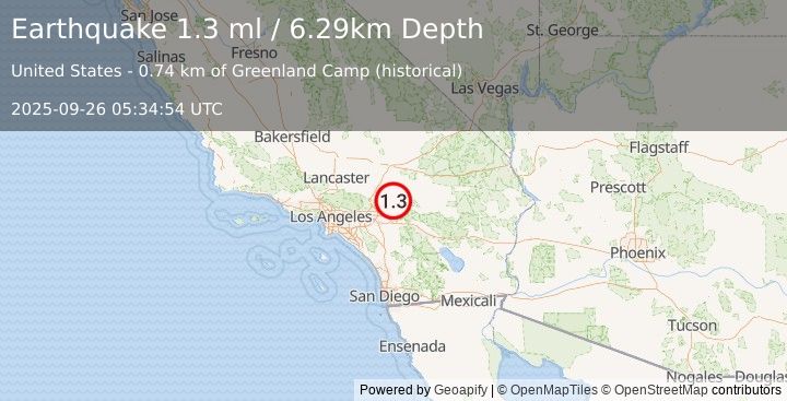 Earthquake 10 km NW of Big Bear Lake, CA (1.3 ml) (2025-09-26 05:34:54 UTC)