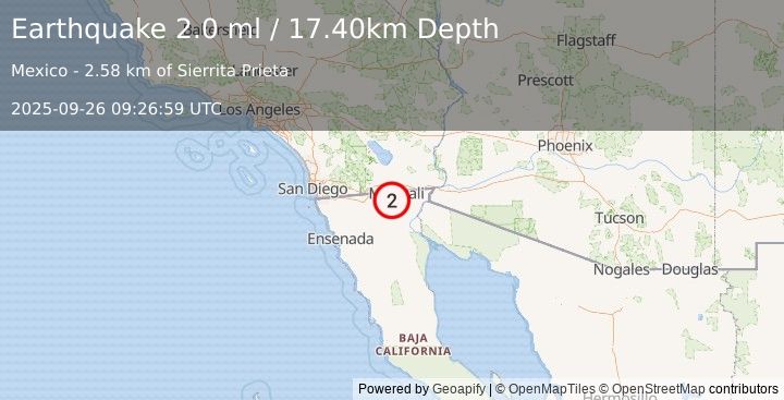 Earthquake 7 km SSE of Progreso, B.C., MX (2.0 ml) (2025-09-26 09:26:59 UTC)
