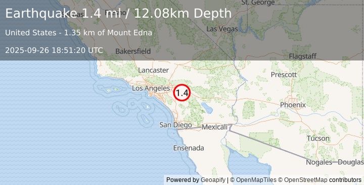 Earthquake 4 km SSW of Banning, CA (1.4 ml) (2025-09-26 18:51:20 UTC)