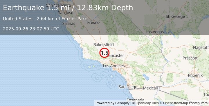 Earthquake 3 km N of Frazier Park, CA (1.5 ml) (2025-09-26 23:07:59 UTC)