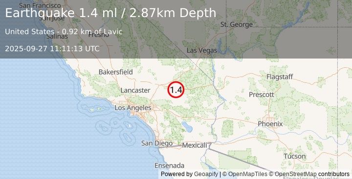 Earthquake 13 km W of Ludlow, CA (1.4 ml) (2025-09-27 11:11:13 UTC)