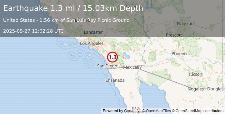 Earthquake 2 km W of Lake Henshaw, CA (1.3 ml) (2025-09-27 12:02:28 UTC)
