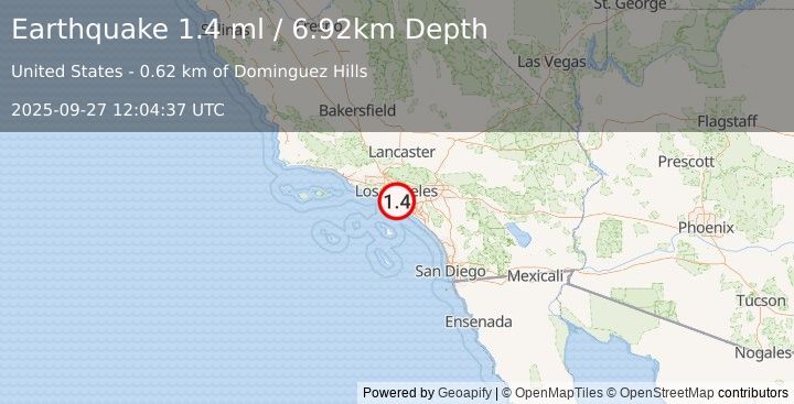 Earthquake 4 km SSW of Compton, CA (1.4 ml) (2025-09-27 12:04:37 UTC)