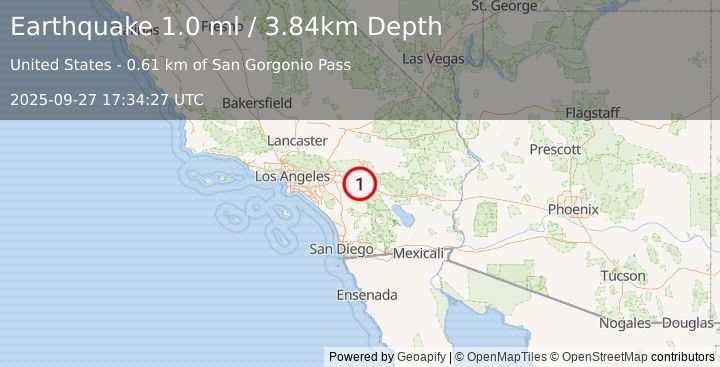 Earthquake 3 km E of Cabazon, CA (1.0 ml) (2025-09-27 17:34:27 UTC)