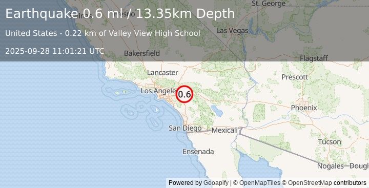 Earthquake 3 km E of Moreno Valley, CA (0.6 ml) (2025-09-28 11:01:21 UTC)