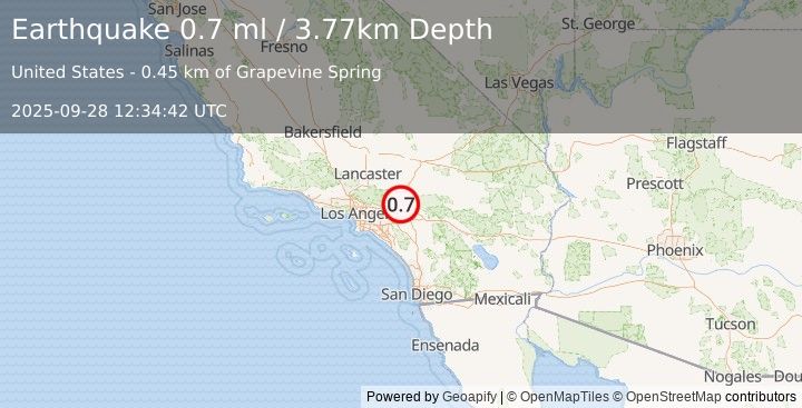 Earthquake 7 km SSE of Lytle Creek, CA (0.7 ml) (2025-09-28 12:34:42 UTC)