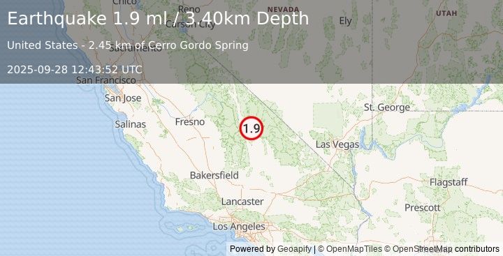 Earthquake 20 km E of Lone Pine, CA (1.9 ml) (2025-09-28 12:43:52 UTC)