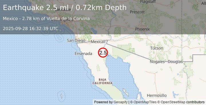 Earthquake 32 km SSW of Estacion Coahuila, B.C., MX (2.3 ml) (2025-09-28 16:32:38 UTC)