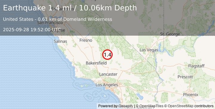 Earthquake 26 km NE of Kernville, CA (1.0 ml) (2025-09-28 19:51:59 UTC)