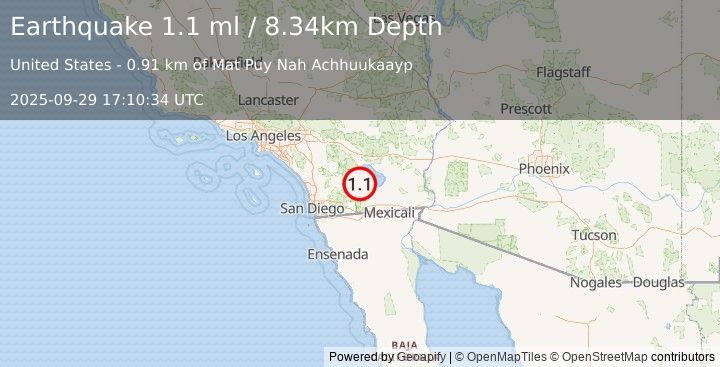 Earthquake 3 km NNE of Ocotillo Wells, CA (1.1 ml) (2025-09-29 17:10:34 UTC)