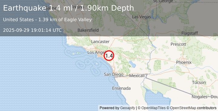 Earthquake 3 km SE of Home Gardens, CA (1.4 ml) (2025-09-29 19:01:14 UTC)