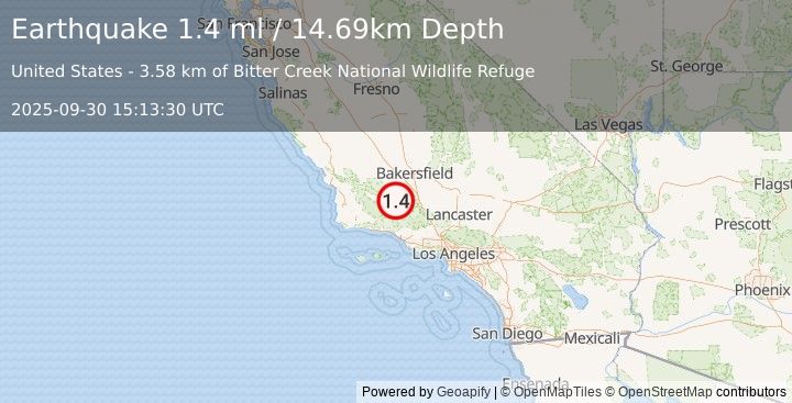 Earthquake 19 km S of Maricopa, CA (1.2 ml) (2025-09-30 15:13:31 UTC)