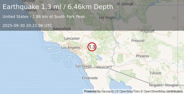 Earthquake 4 km SSE of Yucca Valley, CA (1.3 ml) (2025-09-30 20:21:06 UTC)