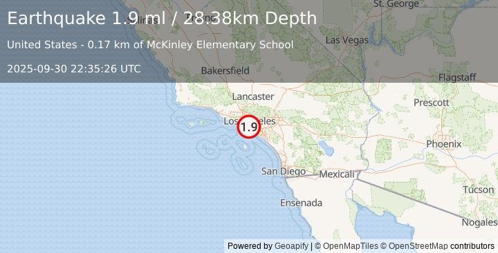 Earthquake 2 km SSW of Willowbrook, CA (1.9 ml) (2025-09-30 22:35:26 UTC)