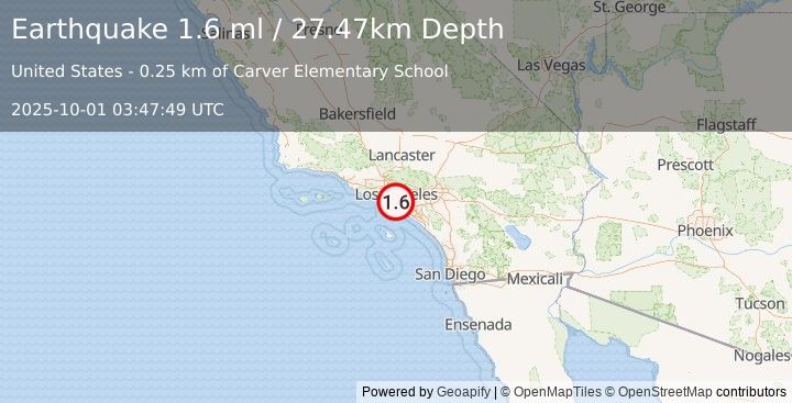 Earthquake 2 km SSW of Willowbrook, CA (1.6 ml) (2025-10-01 03:47:48 UTC)