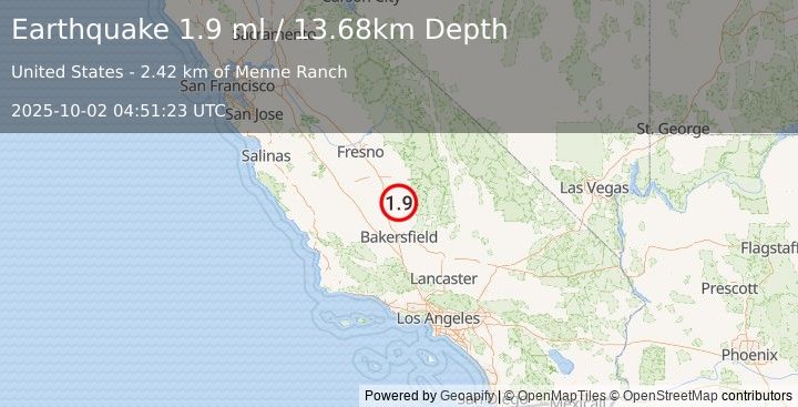 Earthquake 18 km S of Porterville, CA (1.9 ml) (2025-10-02 04:51:23 UTC)