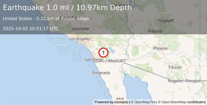 Earthquake 10 km SSW of Borrego Springs, CA (1.0 ml) (2025-10-02 20:51:17 UTC)