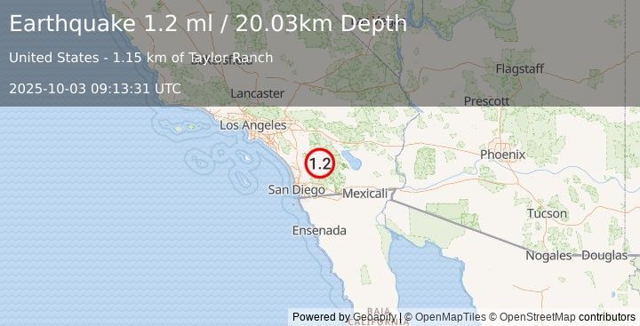 Earthquake 5 km ESE of Warner Springs, CA (1.2 ml) (2025-10-03 09:13:31 UTC)