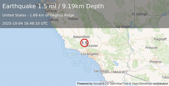 Earthquake 14 km ENE of Lebec, CA (1.5 ml) (2025-10-04 16:48:10 UTC)