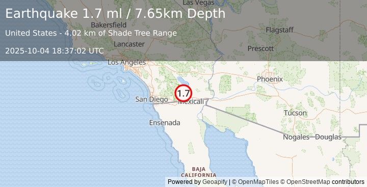Earthquake 21 km SW of Westmorland, CA (1.7 ml) (2025-10-04 18:37:02 UTC)